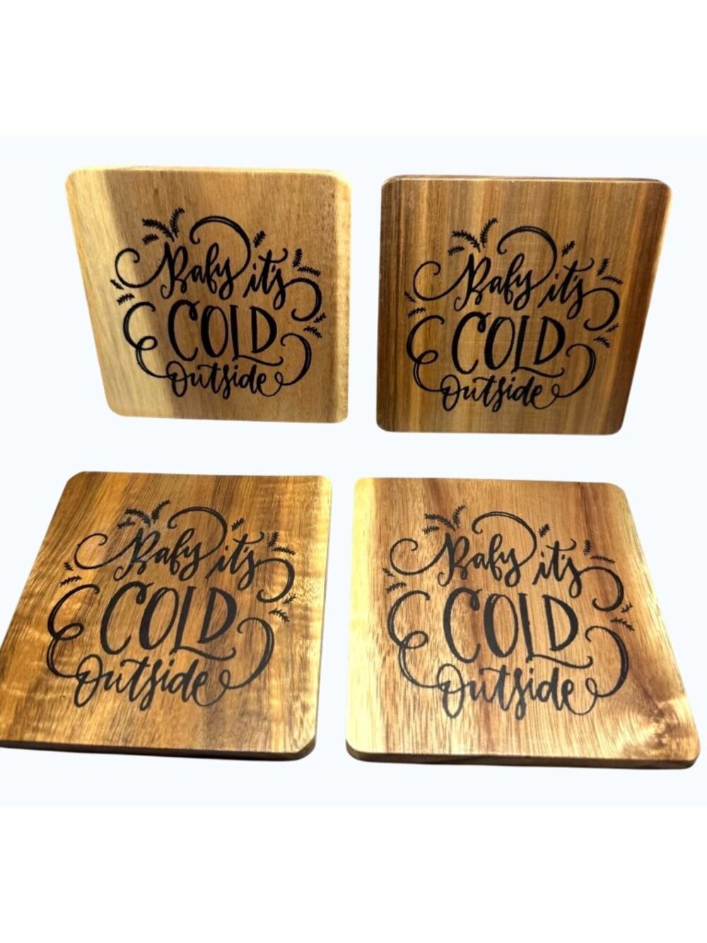 Wooden Christmas Rustic Coasters "Baby Its Cold Outside" Holiday Set of 4
